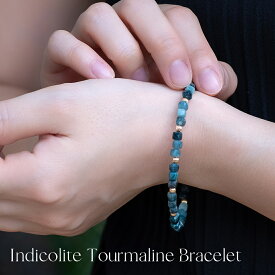 マンテルブレスレット 天然石インディゴライトトルマリン キューブカット 18cm ゴールド 14KGF 女性用 レディースブレスレット 男性用 メンズブレスレット 日本製 ギフト 低金属アレルギー素材 華奢 細身【店舗発送】