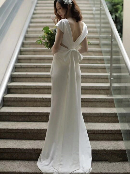 楽天市場 前撮りドレス ウェディングドレス シンプル 結婚式二次会 ロング 白ワンピース 花嫁ドレス バックリボン 背中開き春 夏 秋 冬 Sunny Station