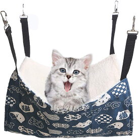 猫 つり寝台はんもっくキャット 椅子 ケージ用 大きい 耐荷重10KG サイズ調整可能 58cm x 48cm 遊び場 通気性抜群 金具丈夫 冬夏両用（和風猫ブルー）