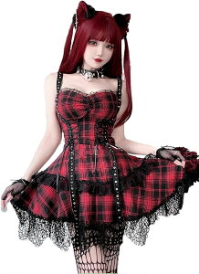 コスプレ 大きいサイズ S~6L パンク ロック ゴシック ロリータ ドレス ワンピース ビスチェ コルセット セクシー チェック柄 ストラップベルト レース セットアップ 衣装 ゴスロリ ドレス か