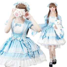 ロリータ ドレス M~6L 大きいサイズ コスプレ メイド服 衣装 ワンピース 長袖付き ゴシック コスチューム 黒 赤 ピンク ライトブルー 水色 ゴスロリ フリル ヘッドドレス ゆったり ぽっちゃり サイズ フィッシュテール 仮装 LL 2L 3L 4L 5L 6L