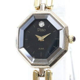 【中古】 E749T セイコー ALBA Pino V400 5160 1Pダイヤ クオーツ式 腕時計 レディース 黒文字盤 金色