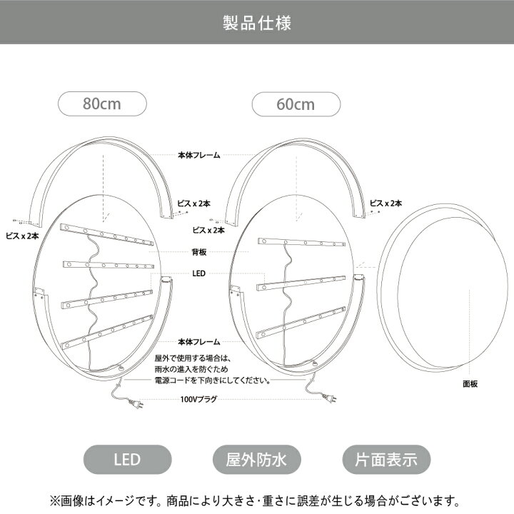 楽天市場】壁面用 片面 LED 丸型看板 60cm 80cm ( ブラック ) 看板 