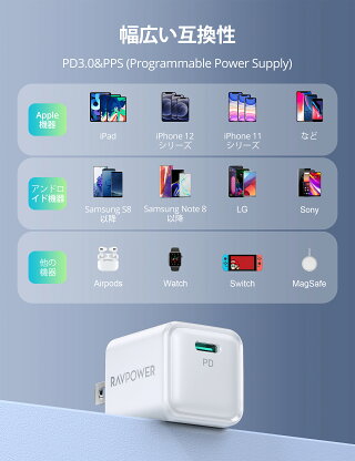 RAVPower61WUSB-C急速充電器（世界最小最軽量クラス)【GaN(窒化ガリウム)採用/折畳式/PD対応】iPhone11/11Pro/XR/8、GalaxyS10、MacBookPro、iPadProその他USB-C機器対応