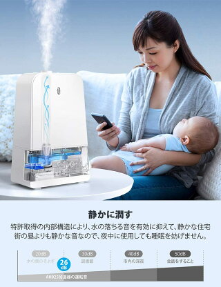 加湿器TaoTronics超音波式加湿器大容量6.0L特許取得の26db超静音デザイン高さ1Mミスト空焚き防止60時間連続加湿LEDライト付き14.5-24畳対応省エネTT-AH025ホワイト