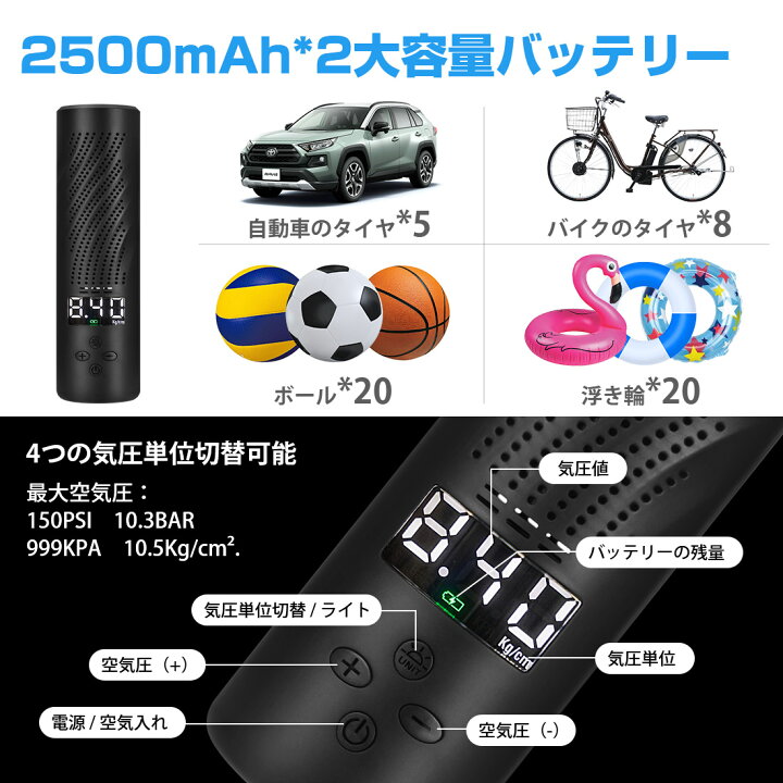 楽天市場 Sunvic 電動空気入れ 電動エアーポンプ 電動エアコンプレッサー車 空気入れ 充電 電動エアーポンプ 充電式 コードレス 自動停止 空気圧指定可 Ledライト付き 防水大容量バッテリー 一台2役 収納ポーチ付き Sunvic