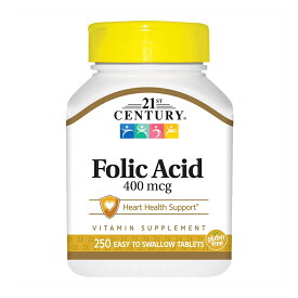 【送料無料】葉酸 400mcg 250粒 飲みやすいタブレット 21センチュリー ビタミンB群【21st Century】Folic Acid 400 mcg, 250 Easy to Swallow Tablets