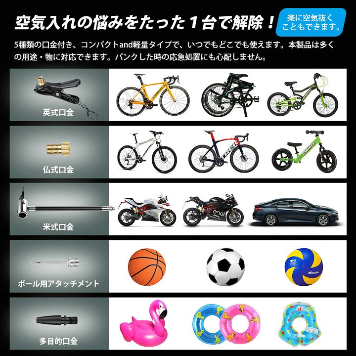 楽天市場 Ss期間中限定 P5倍 500円offクーポン 全バルブ対応 Suparee 電動空気入れ 空気入れ 電動 自転車 自転車用 充電式 バイク サイクル 仏式 英式 米式 車 ロードバイク クロスバイク 空気入れ 携帯 軽量 小型 コンパクト 電動ポンプ バイク用 タイヤ 空気