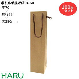 ボトル 手提げ紙袋 クラフト 無地　B-60Φ 100枚 幅70×マチ65×丈280 PPスピンドル紐（茶）（ ボトルバッグ ボトル袋 手提げ袋 手提げ 紙袋 ワイン 紙手提げ袋 ハーバリウム お酒 美容院 シャンプー テイクアウト 持ち帰り 中食 デリバリー ）