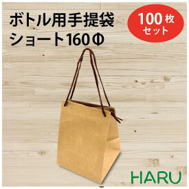 【スーパーSALE 10%オフ】ボトル 手提げ紙袋 クラフト 無地 B-160ΦS 100枚 170×160×220 スピンドル紐（茶（ ボトルバッグ ボトル袋 手提げ袋 手提げ 紙袋 ワイン 紙手提げ袋 ハーバリウム お酒 瓶 ビン 茶 ラッピング マチ広 テイクアウト 持ち帰り