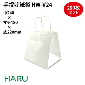 手提げ紙袋 HW-V24　晒無地 200枚 白無地 晒クラフト サイズ：幅240×マチ180×丈220mm　ハンドル：紙丸紐（白） （ 手提げ袋 紙袋 紙手提げ袋 手提げ紙袋 手提紙袋 ペーパーバッグ 引き出物 テイクアウト 持ち帰り 中食 デリバリー おしゃれ 抗菌 ）