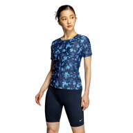 ナイキ（NIKE）（レディース）フィットネス水着 水泳 総柄ジップ付き半袖セパレーツ 上下セット 紺 M-LL…