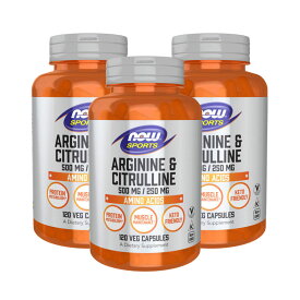 【3個セット】Lアルギニン 500mg ＆ Lシトルリン 250mg／120ベジカプセル[Arginine／Citrulline／NOW／ナウフード／サプリメント／アメリカサプリ／サプマート／SupmartUSA／071-00037]