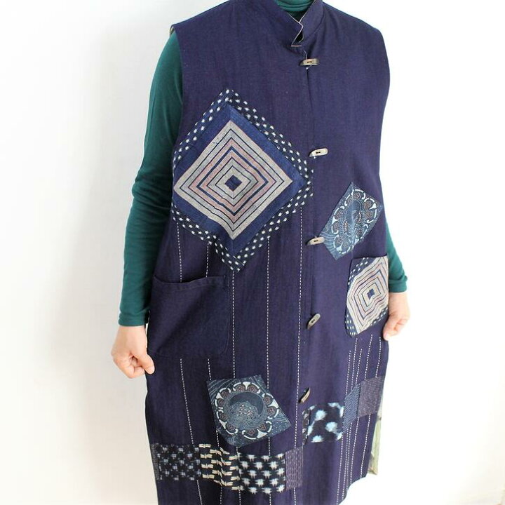 一点物 藍染古布 刺繍古布 パッチワーク 刺し子 ハンドメイド ジレ 