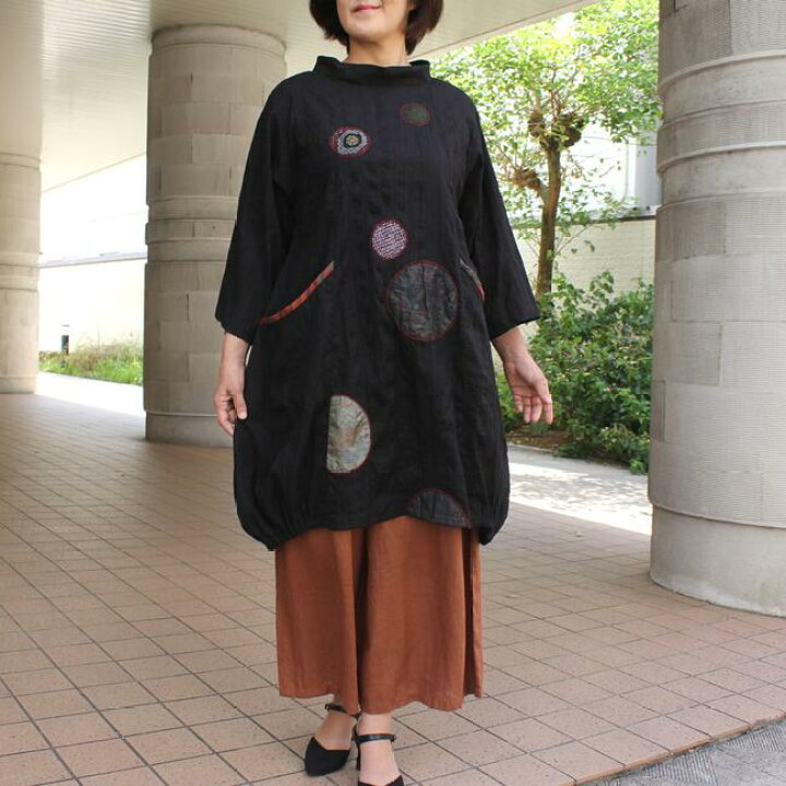 楽天市場】【大島紬パッチ刺し子チュニック】黒 ブラック 綿 7分袖 