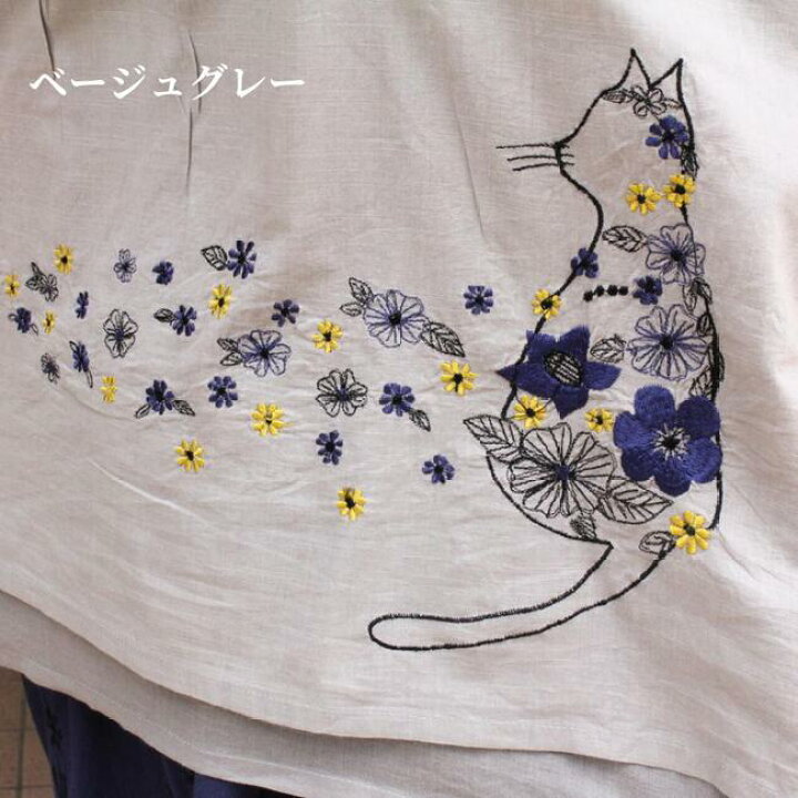 楽天市場】ネコ刺繍ブラウス レディース ブラウス 綿100 半袖 黒 