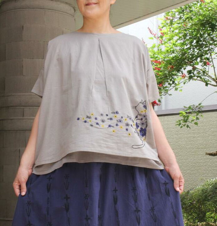 楽天市場】ネコ刺繍ブラウス レディース ブラウス 綿100 半袖 黒 