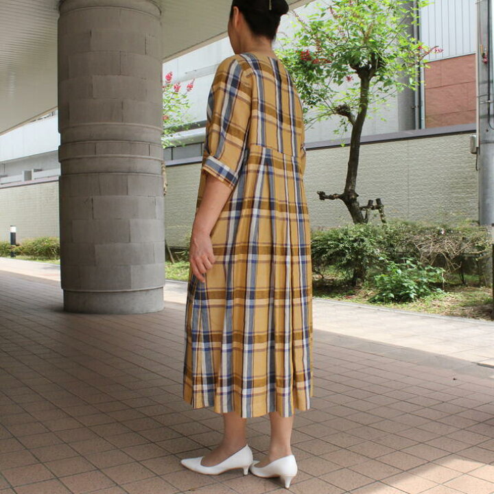 楽天市場 ワンピース 半袖 きれいめ ロング リネン 麻100 日本製 送料無料 レディース ミセス 40代 50代 60代 ゆったり 大きいサイズ ナチュラル ファッション ナチュラル服 黄色 イエロー チェック 春 夏 ワンピ 大人可愛い 古布と染めの創作服 駿河屋