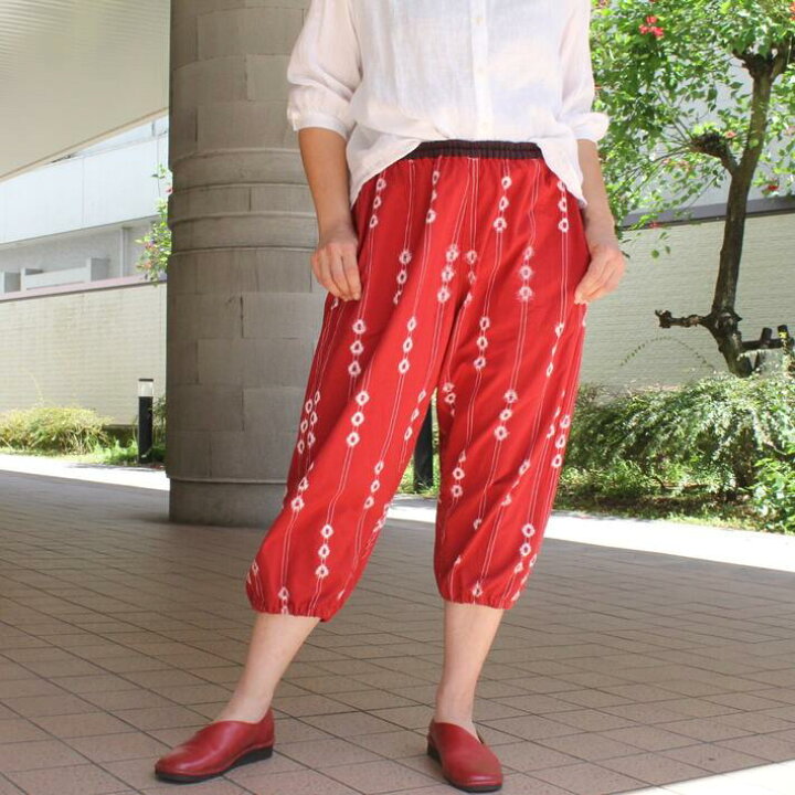 楽天市場 久留米絣 儀右ヱ門 もんぱん レディース 7分丈 もんぺ クロップド パンツ ハート柄 藍 グレー 茜 赤 ギエモン 人気 ミセス シニアファッション 夏 ボトムス 綿100 コットン 40代 50代 60代 ゆったり はきやすい 涼しい ウエストゴム ホームウェア オカモト商店