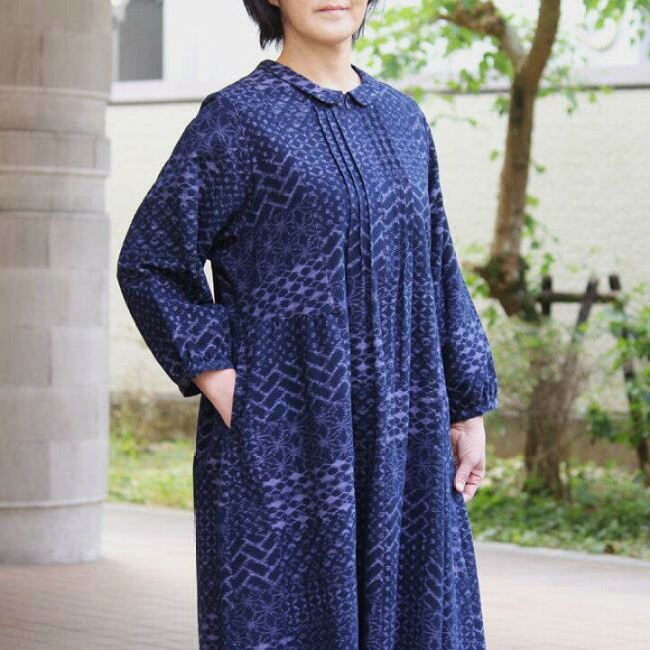 楽天市場】久留米絣 ワンピース きれいめ 丸襟 長袖 前ファスナー L 