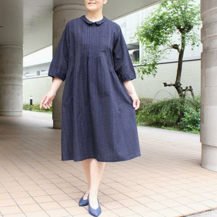 楽天市場】【久留米絣ワンピース】丸襟 前ファスナー 7分袖 L〜LL 藍 