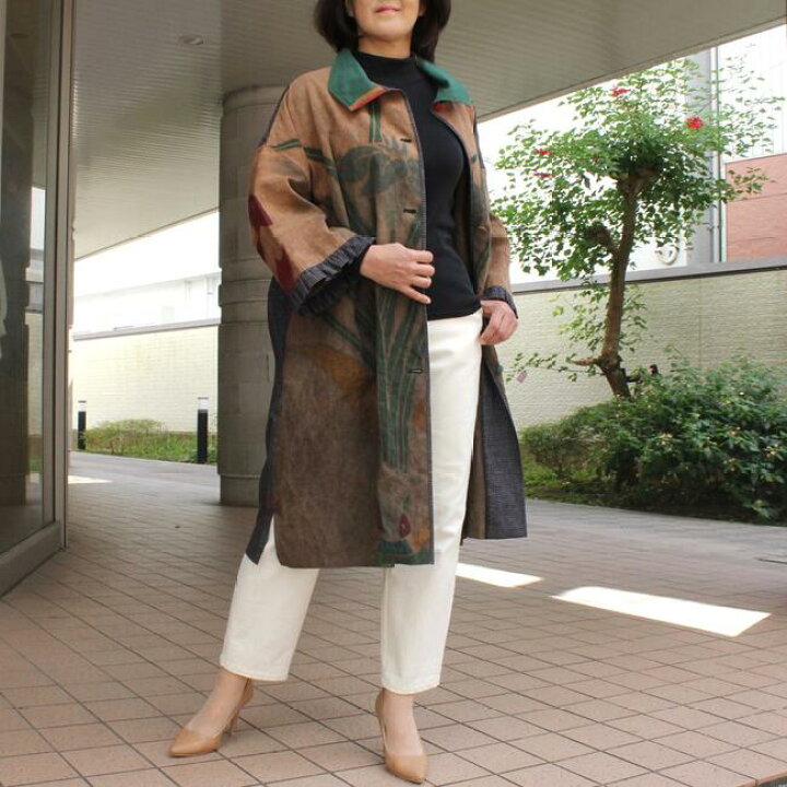 楽天市場】作家一点物 古布柿渋コート のぼり旗 絣 文人柄 菖蒲 ロング 