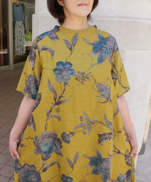 楽天市場】リネン 麻 ワンピース 花柄 レディース 半袖 スタンドカラー 