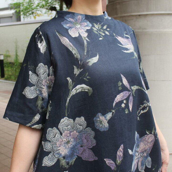 楽天市場】リネン 麻 ワンピース 花柄 レディース 半袖 スタンドカラー 