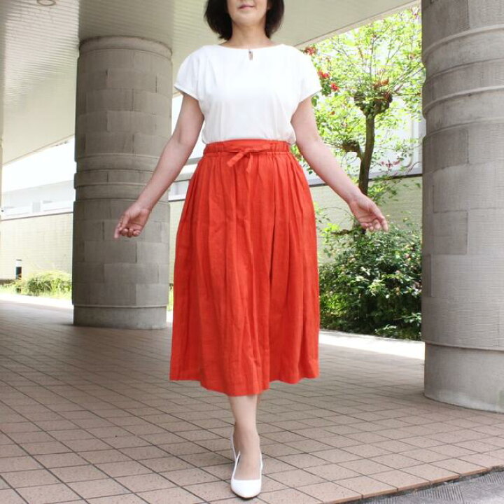 楽天市場】リネン 麻 スカート オレンジ きれいめ ウエストゴム 日本製  