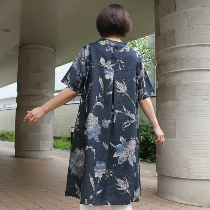 楽天市場】リネン 麻 ワンピース 花柄 レディース 半袖 スタンドカラー 