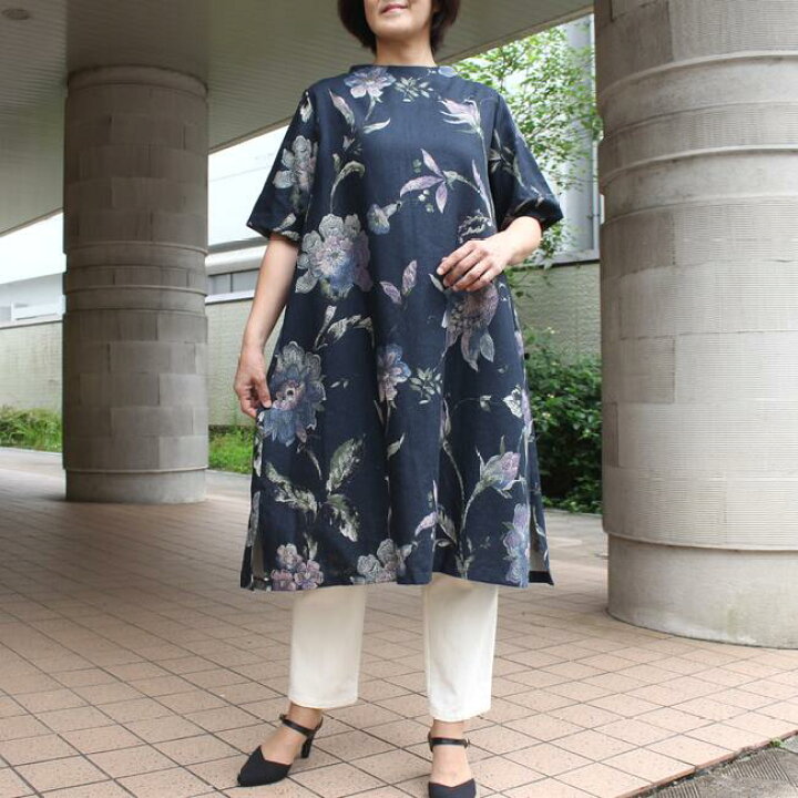 楽天市場】リネン 麻 ワンピース 花柄 レディース 半袖 スタンドカラー 