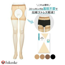 ＼最大3000円クーポン配布中！／ 【4色から選べる】福助 fukuske パンティ部レス ストッキング サスペンダータイプ M-L L-LL レディース 穴あき 開放感 ヌードトウ ムレない 伝線しにくい UV吸収加工 日焼け対策 日本製 夏 春 秋 冬 ベージュ ブラック メール便送料無料 1/2