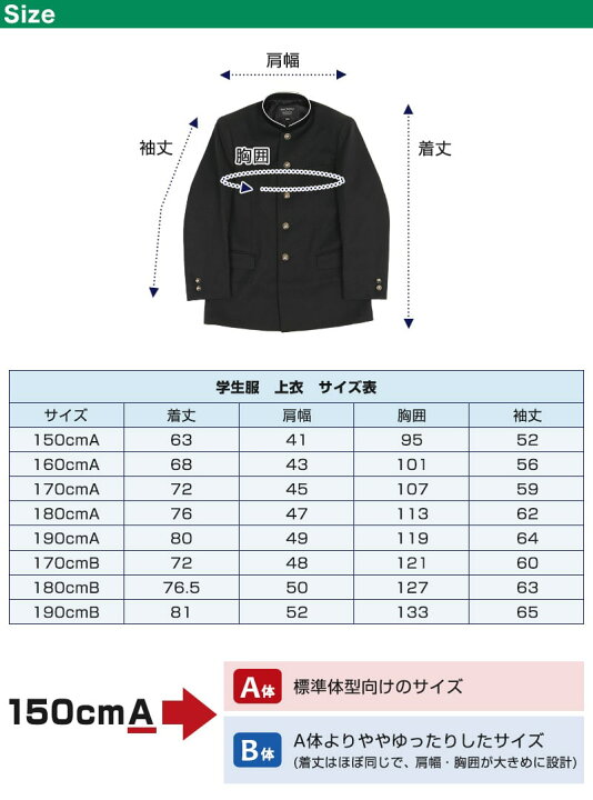 楽天市場 中高生用 男子学生服 上衣 150cma 190cmb 制服 男子 中学生 高校生 詰襟学生服 送料無料 取寄せ すててこねっと