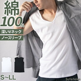 【7/20は抽選でポイントバック！】綿100％ ノースリーブ メンズ インナー Vネック 深め シャツ 下着 肌着 ワイシャツの首元から見えない 薄手 フィット 抗菌防臭 白 黒 敏感肌 ビジネス スーツ スリーブレス 無地 スポーツ ゴルフ 春夏 秋冬 1年中 ストレッチ S M L LL S〜LL