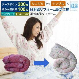 【ポイント5倍】 羽毛布団 打ち直し リフォーム 足し羽毛グース300g シングルからシングル オールシーズンタイプにリフォーム アップグレードコース 羽毛布団 二枚合せ 合い掛け+肌掛け リフォーム 打ち直し 羽毛ふとん クリーニング 足し羽毛 リメイク [Ref]