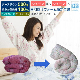 【ポイント5倍】 羽毛布団 打ち直し リフォーム 足し羽毛グース500g クイーンからクィーンに打ち直し オールシーズンタイプにリフォーム アップグレードコース 二枚合せ 合い掛け+肌掛け クリーニング 足し羽毛 羽毛ふとんリフォーム リメイク ワイドダブル [Ref]