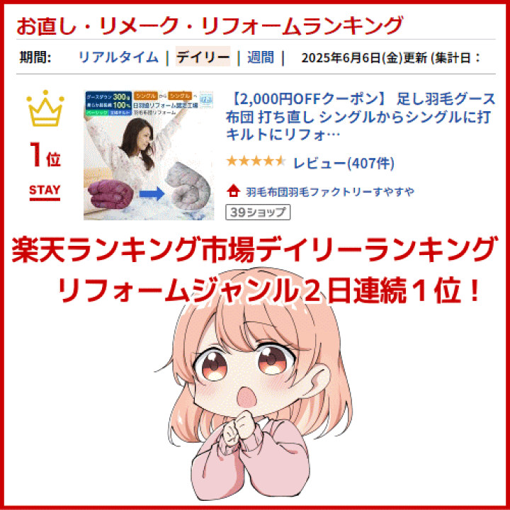 楽天市場】足し羽毛グース 300g 羽毛布団打ち直し シングルから