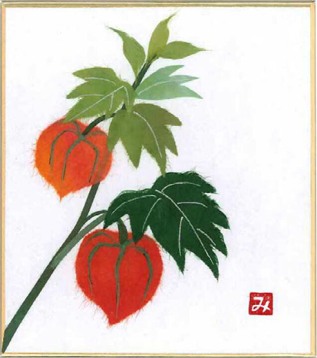 楽天市場 スタンド付き小色紙 日本画 季節 四季折々のちぎり絵 貼り絵シリーズ 夏 ホオズキ 鬼灯 酸漿 花言葉 心の平安 不思議 自然美 私を誘って下さい 頼りない 半信半疑 いつわり 欺瞞 人形の鈴勝