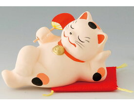 人気商品！　陶器製　“福福”おやじ猫　果報は寝て待て　赤座布団付きです。　〈親父猫 ねこ ネコ 動物の置物 動物のおもしろい置物 和のインテリアに〉