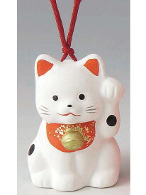 陶器製　福鈴招き猫　左手（左前脚）上げ　白色　まねきねこBeckoning Cat　Welcoming Cat　Lucky Cat　Fortune Cat