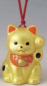 陶器製　福鈴招き猫　左手（左前脚）上げ　金色　まねきねこ　Beckoning Cat　Welcoming Cat　Lucky Cat　Fortune Cat