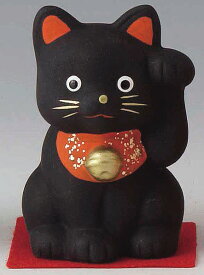 開運！　陶器製　招き猫　左手（左前脚）上げ　黒色　高さ7.5cm　まねきねこ　Beckoning Cat　Welcoming Cat　Lucky Cat　Fortune Cat