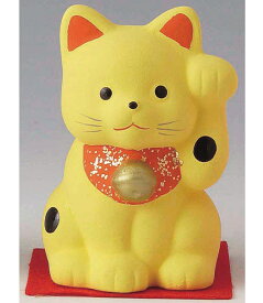 開運！　陶器製　招き猫　左手（左前脚）上げ　黄色　高さ7.5cm　まねきねこ　Beckoning Cat　Welcoming Cat　Lucky Cat　Fortune Cat