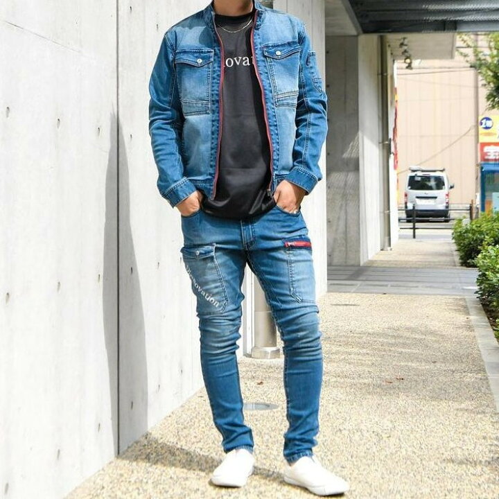 楽天市場 ディノベーション 作業着 作業服 デニム パンツ ストレッチ サルエルパンツ カーゴパンツ おしゃれ かっこいい 反射材 リフレクター b003 Dinnovation 制服専科