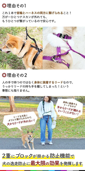 楽天市場 犬 肩掛け リード ショルダーリード ハンズフリー 迷子防止 脱走防止 小型犬 中型犬 大型犬 日本製 カラフル ベーシック 肩かけリードセット ダブルタイプ 持ち手なし 犬猫の首輪店 すず首輪製作工房