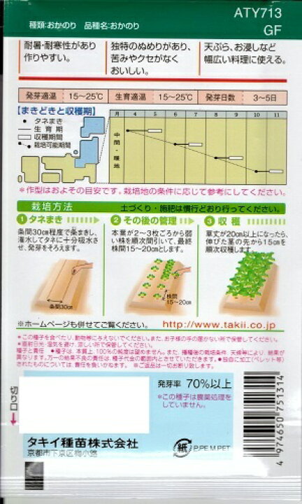 楽天市場 野菜種子 つけな種 タキイ種苗 おかのり ４ ５ｍｌ袋詰 送料込み 鈴乃園 楽天市場店