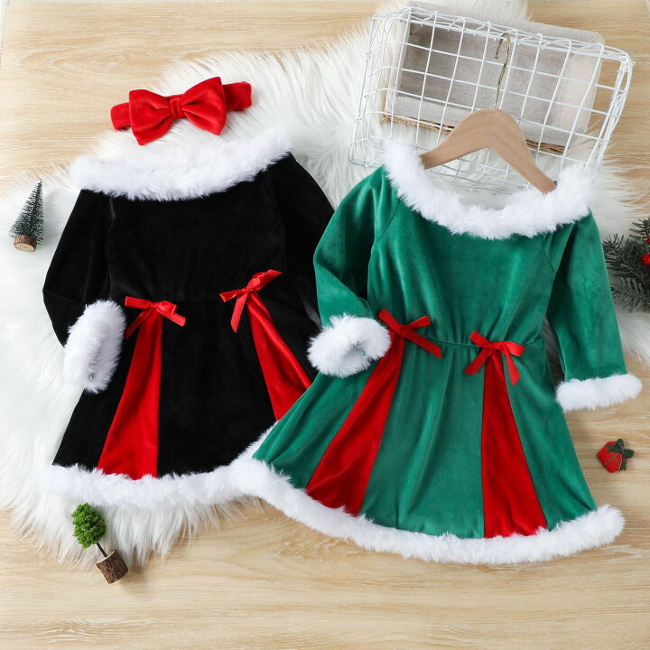 楽天市場 即納 新作品 Xmas 90 130cm 定番 子供 サンタドレス ヘアバンド付き ２点セット サンタ衣装 クリスマス衣装 ファー 女の子 ワンピース サンタクロース キッズ クリスマス パーティー 発表会 ブラック グリーン すずらんショップ