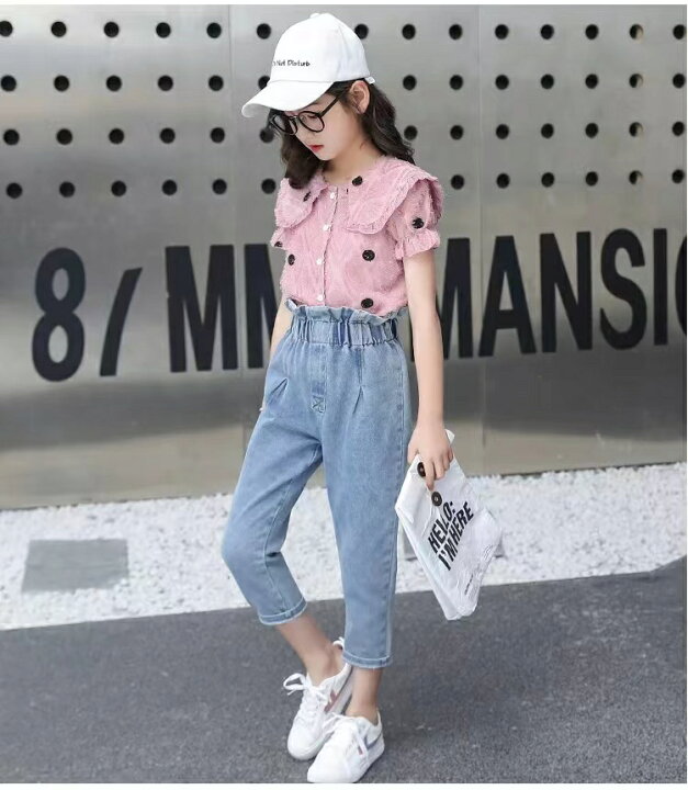 楽天市場 22年新作品 韓国子供服 デニム セットアップ 女の子 半袖トップス デニムパンツ 2点セット 春夏秋 服 カジュアル ナチュラル キッズ こども服 可愛い きれいめ バーベキュー 普段着 110 160 ロングパンツセット すずらんショップ