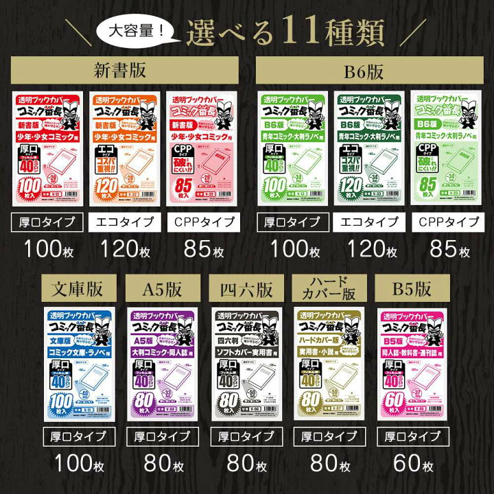 楽天市場 ブックカバー 透明 新書判 B6版 文庫用 A6 四六判 A5版 B5判 ハードカバー コミック番長 大容量 60枚 80枚 85枚 100枚 1枚 厚口 40ミクロン Opp Cpp エコ コミックカバー 漫画 カバー クリア 透明カバー ブックフィルム 大量 単行本 マンガ 教科書