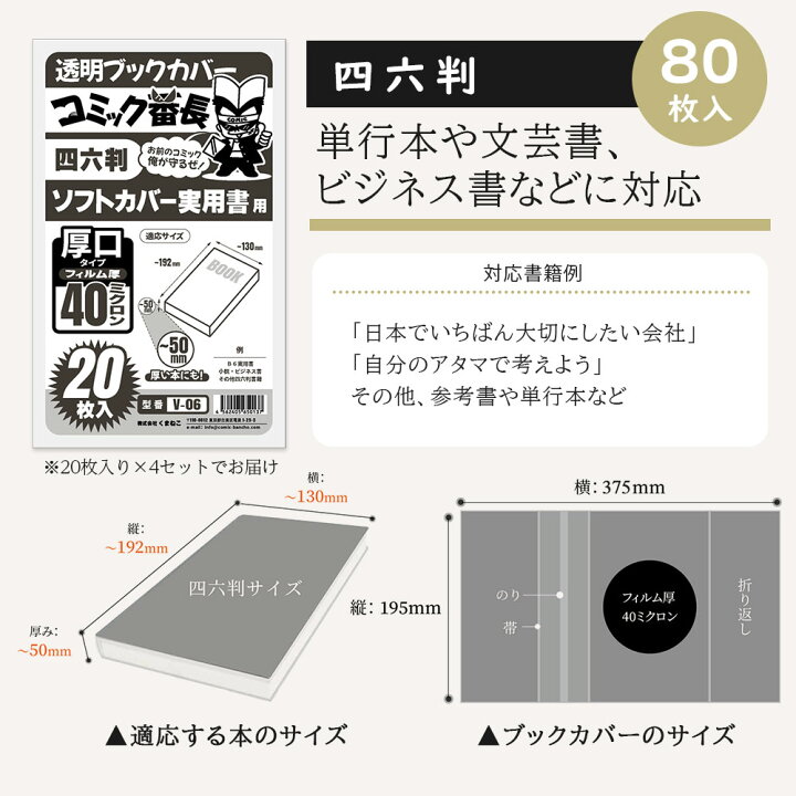 楽天市場 ブックカバー 透明 新書判 B6版 文庫用 A6 四六判 A5版 B5判 ハードカバー コミック番長 大容量 60枚 80枚 85枚 100枚 1枚 厚口 40ミクロン Opp Cpp エコ コミックカバー 漫画 カバー クリア 透明カバー ブックフィルム 大量 単行本 マンガ 教科書